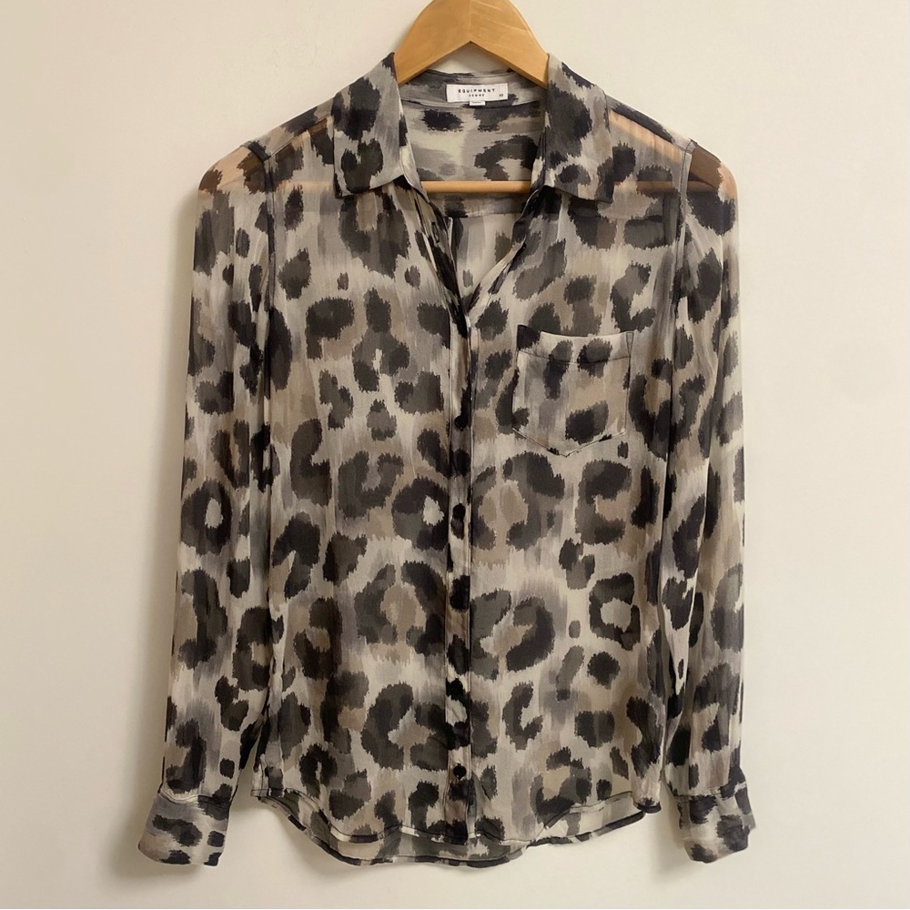 EQUIPMENT Sheer Silk Long Sleeve Leopard-Print Button Down Blouse XS